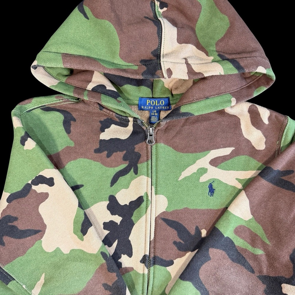 Polo Ralph Lauren Camouflage Hoodie Youth Large 14-16 Full Zip Fleece Sweatshirt